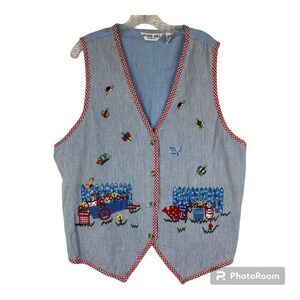 Victoria Jones Woman Blue White Stripe Plaid Embroidered Butterfly Flowers Bird